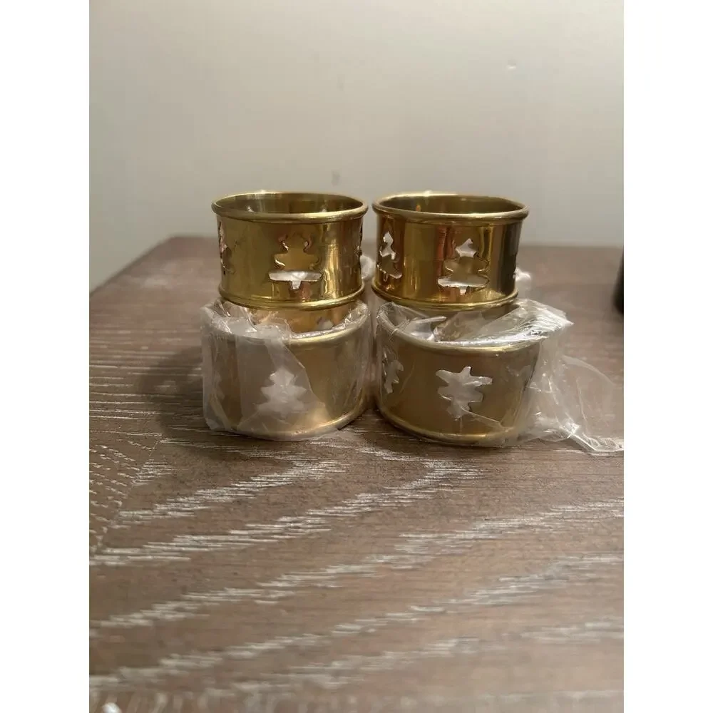 Vtg Brass Christmas Tree Napkin Rings set of 6 Dining‎ Table Linen Decor Holiday